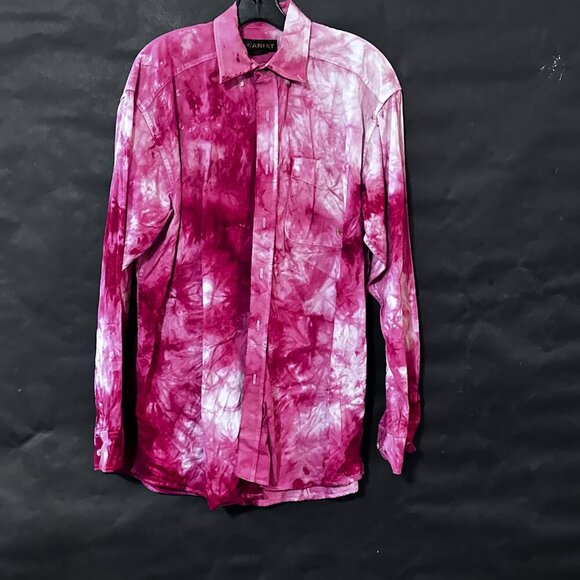 Ariat Tie Dye Shirt Long Sleeve Size Large Red Pink Rodeo Pearl Snaps Cowboy LT - Picture 8 of 10